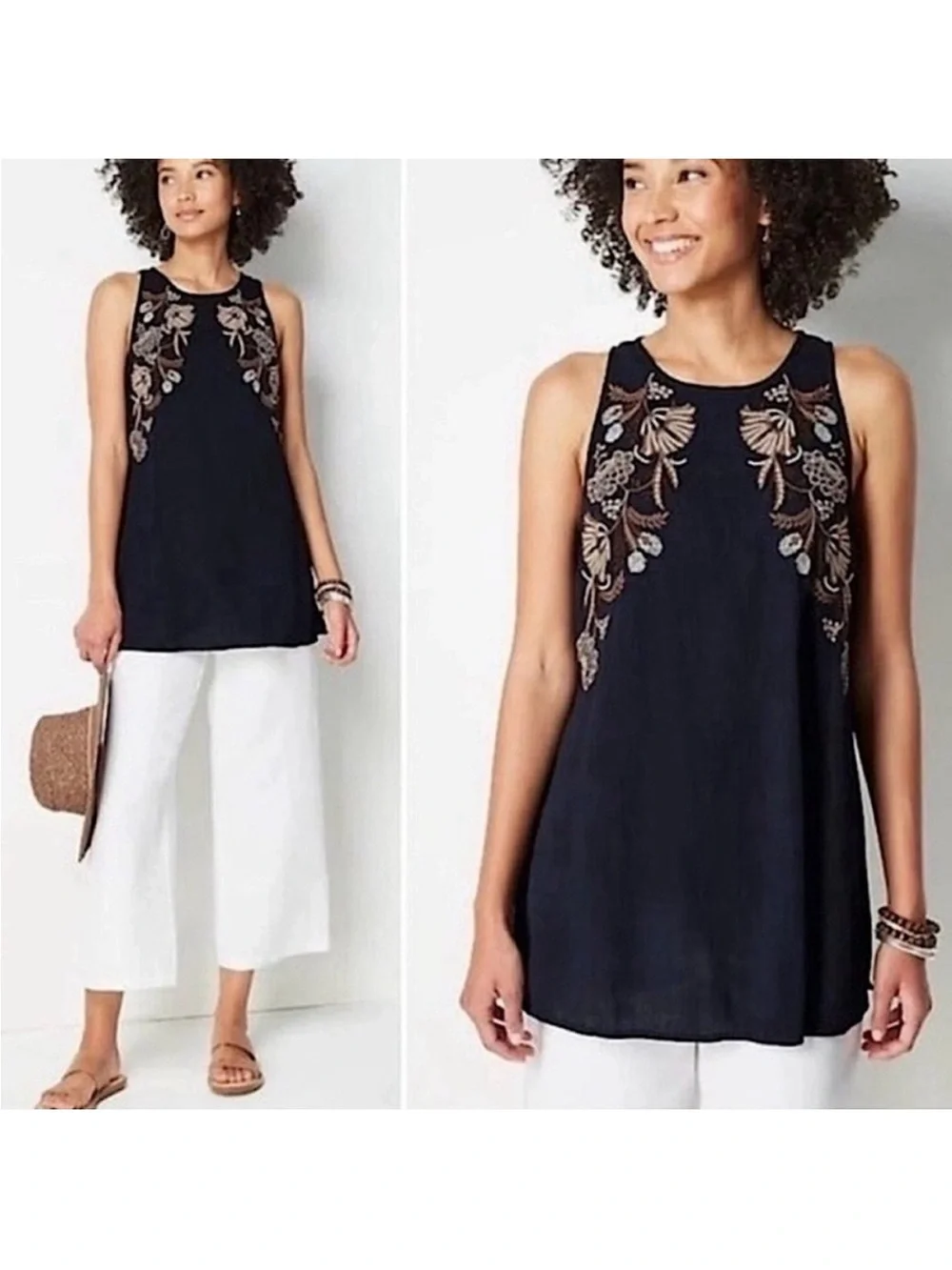 J. Jill Navy Blue Boho Floral Embroidered Crinkle Sleeveless Tunic Top MP - Picture 1 of 9
